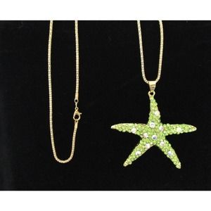 Starfish Necklace Pendant Green Crystal Iridescent Gold Tone Chain 31" NEW Beach